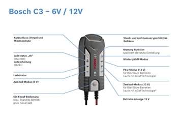 Bosch C3 - intelligentes und automatisches Batterieladegerät - 6V-12V / 3.8A - für Blei-Säure, GEL, Start/Stopp EFB, Start/Stopp AGM-Batterie für Motorräder, Pkw, Kleintransporter - 4