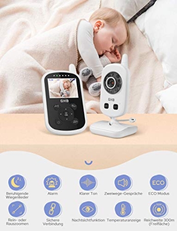 GHB Babyphone mit Kamera Video Baby Monitor 2,4 GHz Gegensprechfunktion ECO Modus Nachtsicht Temperatursensor Schlaflieder Lange Akkulaufzeit, 480p - 2