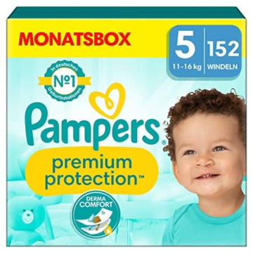 Pampers Baby Windeln Größe 5 (11-16kg) Premium Protection, Junior, MONATSBOX, bester Komfort und Schutz für empfindliche Haut, 152 Stück - 1