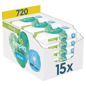 Pampers Harmonie Aqua Baby Feuchttücher Box, 720 Tücher (15 x 48), sanfter Hautschutz für zarte Haut mit 99% Wasser - 1