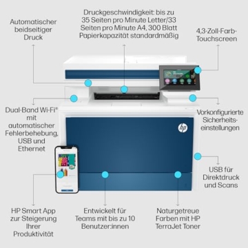 HP Color LaserJet Pro MFP 4302dw Multifunktions-Farblaserdrucker, Automatischer beidseitiger Druck, Hohe Druckgeschwindigkeit, Bis zu 50.000 Seiten pro Monat, Wi-Fi, HP Wolf Pro Security, Blau - 4