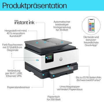 HP OfficeJet Pro 9120e Multifunktionsdrucker, 30€ Cashback, 3 Monate gratis drucken mit HP Instant Ink inklusive, HP+, Drucker, Scanner, Kopierer, Fax, WLAN, LAN, Duplex, Airprint, Grau-Weiß - 3