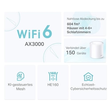 TP-Link Deco X50 Mesh WLAN Set (3 Pack), Wi-Fi 6 AX3000 Dual Band Router & Repeater, 3x Gigabit Ports für jede Einheit, empfohlen für Häuser mit 4-6 Schlafzimmern, Umfassender Jugendschutz, WPA3 - 3