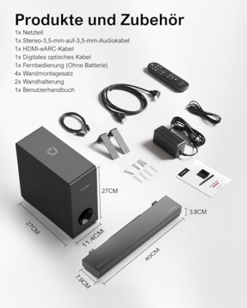 ULTIMEA Soundbar für TV Geräte mit Dolby Atmos, BassMAX, 3D Surround Sound System für TV Lautsprecher Heimkino, Soundbar mit Subwoofer, 5.3 Bluetooth PC Sound Bars, 190W Spitzenleistung, Nova S50 - 8