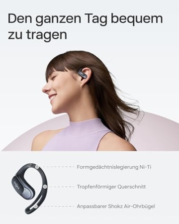 SHOKZ OpenFit Air Open-Ear-Kopfhörer, True Wireless Bluetooth-Ohrhörer mit Mikrofon, Ohrhörer mit Air-Ohrbügel, Schnellaufladung, 28h Wiedergabe, wasserdicht IP54 fürs Training, Tragetasche, Schwarz - 4