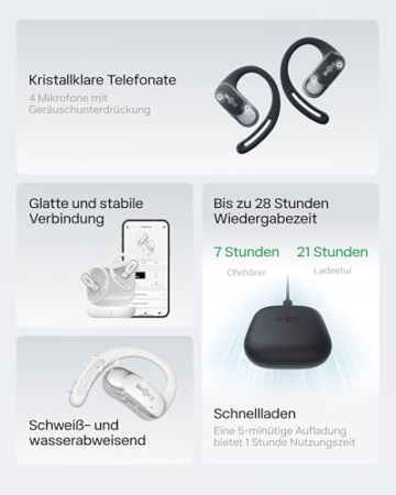 SHOKZ OpenFit Air Open-Ear-Kopfhörer, True Wireless Bluetooth-Ohrhörer mit Mikrofon, Ohrhörer mit Air-Ohrbügel, Schnellaufladung, 28h Wiedergabe, wasserdicht IP54 fürs Training, Tragetasche, Schwarz - 8