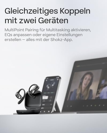 SHOKZ OpenFit Air Open-Ear-Kopfhörer, True Wireless Bluetooth-Ohrhörer mit Mikrofon, Ohrhörer mit Air-Ohrbügel, Schnellaufladung, 28h Wiedergabe, wasserdicht IP54 fürs Training, Tragetasche, Schwarz - 9