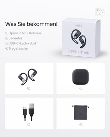 SHOKZ OpenFit Air Open-Ear-Kopfhörer, True Wireless Bluetooth-Ohrhörer mit Mikrofon, Ohrhörer mit Air-Ohrbügel, Schnellaufladung, 28h Wiedergabe, wasserdicht IP54 fürs Training, Tragetasche, Schwarz - 10