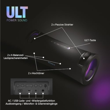 Sony ULT Field 7 - Tragbarer Bluetooth-Lautsprecher mit ULT Bass-Boost Funktion, 30 Stunden Akku, integrierter Powerbank, Wasser- und Staubdicht, LED, Mikrofon- und Gitarreneingang - Schwarz - 9