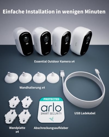 Arlo Essential 2 HD Akku Überwachungskamera Aussen WLAN, Kabellos, 1080p Video, Farbnachtsicht, Licht, Bewegungsmelder, Sirene, 2-Wege Audio, Smart Home + Arlo Secure Plan Testzeitraum, 4er Set - 9