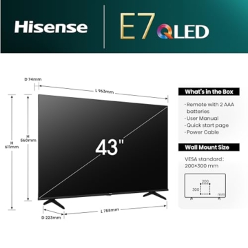 Hisense 43E7NQ 108 cm (43 Zoll) Fernseher, 4K UHD, QLED, HDR10, HDR10+ decoding, HLG, Dolby Vision Atmos, 60Hz Panel, Smooth Motion, Bluetooth, Alexa Built-in, VIDAA Voice, Schwarz [2024] - 2