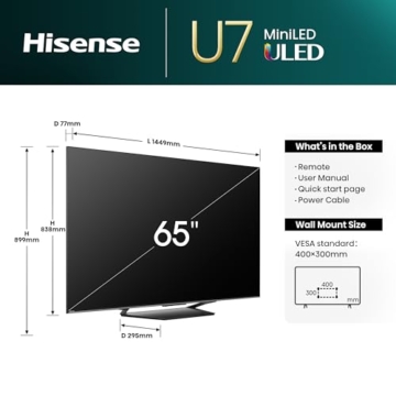 Hisense 65U7NQ 164cm (65 Zoll) Fernseher, 4K Mini LED ULED HDR Smart TV, Quantum Dot, 120Hz/ 144Hz VRR, HDMI 2.1, Game Mode Pro, Dolby Vision IQ & Atmos, Bluetooth, Alexa Built-in, Anthrazit, [2024] - 2