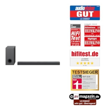 LG DS80QY 3.1.3 Soundbar (480W) mit kabellosem Subwoofer & MERIDIAN-Technologie (Dolby Atmos, HDMI, Bluetooth), Dark Steel Silver - 2