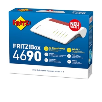 FRITZ!Box 4690 (Wi-Fi 7 Mesh Router, für den Kabel-, DSL- oder Glasfaseranschluss, bis zu 6.960 MBit/s, 1x 10-Gigabit-WAN und -LAN, 3x 2,5-Gigabit-LAN, DECT-Basis, WLAN Mesh, deutschsprachige Version) - 4