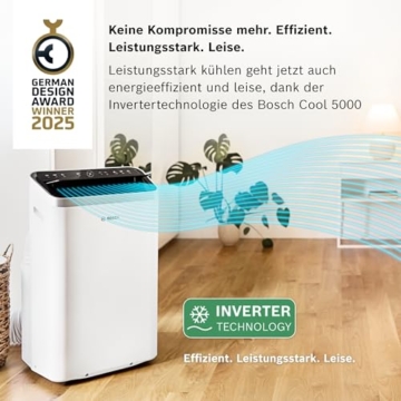 Bosch Cool 5000 Mobiles Klimagerät - 3-in-1 Klimaanlage, Luftentfeuchter, Ventilator - 3,4 kW für Räume bis zu 46 m² - Mit Auto-Modus, Silent-Modus & Sleep-Modus - 2
