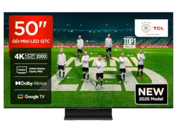 TCL 50Q7C QLED Mini LED Fernseher, 50 Zoll, 4K HDR Premium, Dolby Vision IQ & Atmos, Smart TV mit Google TV, Onkyo 2.0 Sound, 144Hz VRR, AMD FreeSync Premium Pro, HDMI 2.1, AirPlay 2, Alexa - 1