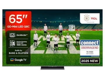 Fernseher TCL 65Q8C 65 Zoll QD-Mini LED, 4K HDR Premium 4500, ZeroBorder™, Smart Google TV, CrystGlow WHVA-Panel, Audio von Bang & Olufsen, 144Hz Motion Clarity Pro, Dolby Vision IQ & Atmos - 1
